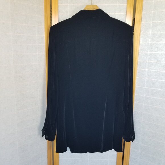 Black Velvet Tunic Top Button Up Stretch Collared Side Slits Size Large - Picture 9 of 9